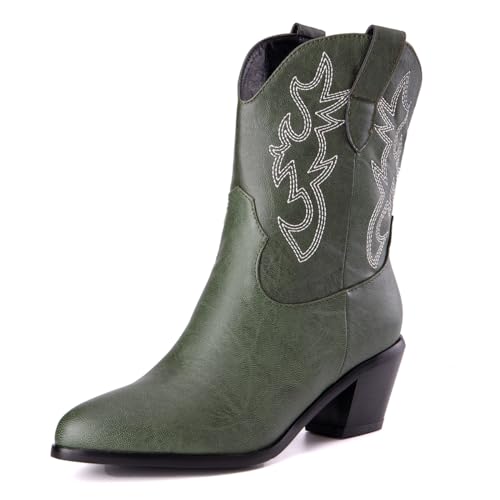 Damen Western Cowboystiefel with Embroidered Mode Retro Klassischer Basic Mid Calf Wide Calf Cowgirl Stiefel für Frauen Mädchen Damen Grün Große 49 von Carkuolary