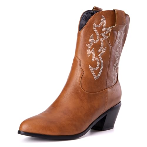 Damen Western Cowboystiefel with Embroidered Mode Retro Klassischer Basic Mid Calf Wide Calf Cowgirl Stiefel für Frauen Mädchen Damen Light Braun Große 33 von Carkuolary