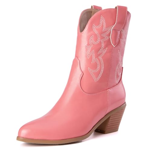 Damen Western Cowboystiefel with Embroidered Mode Retro Klassischer Basic Mid Calf Wide Calf Cowgirl Stiefel für Frauen Mädchen Damen Rosa Große 34 von Carkuolary