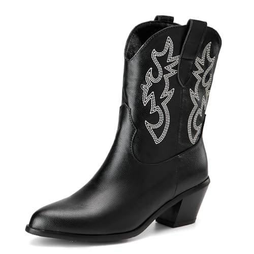 Damen Western Cowboystiefel with Embroidered Mode Retro Klassischer Basic Mid Calf Wide Calf Cowgirl Stiefel für Frauen Mädchen Damen Schwarz Große 36 von Carkuolary