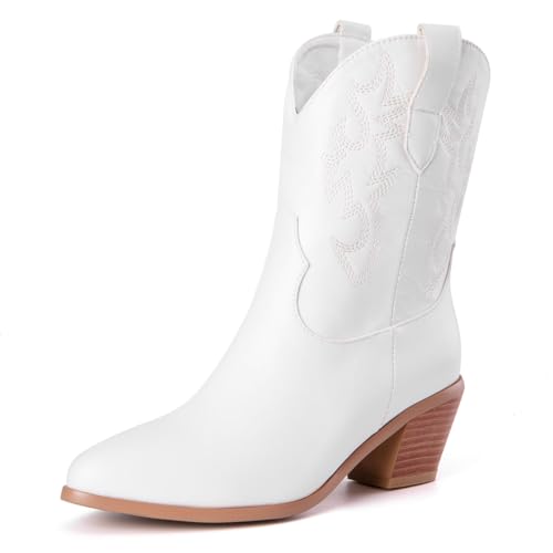 Damen Western Cowboystiefel with Embroidered Mode Retro Klassischer Basic Mid Calf Wide Calf Cowgirl Stiefel für Frauen Mädchen Damen Weiß Große 33 von Carkuolary