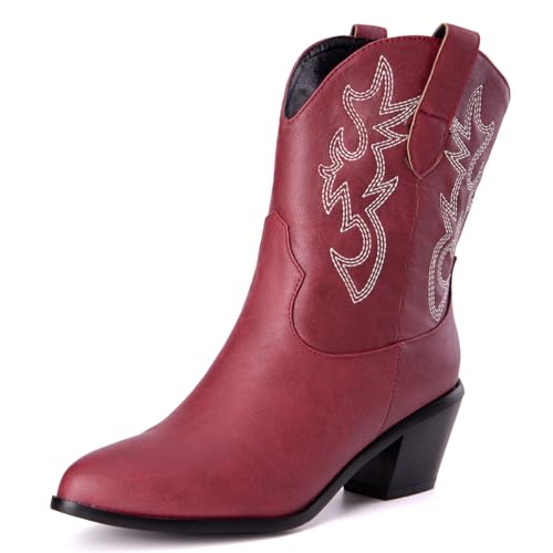 Damen Western Cowboystiefel with Embroidered Mode Retro Klassischer Basic Mid Calf Wide Calf Cowgirl Stiefel für Frauen Mädchen Damen Wine Rot Große 35 von Carkuolary