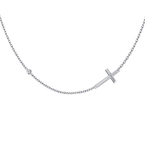 Damen Halskette mit Kreuz Horizontale Anhänger aus 925 Sterling Silber mit Rundschliff Zirkonia für Frauen Mädchen Baby Kinder - Verstellbar Kettenlänge: 40 + 5 cm von FANCIME