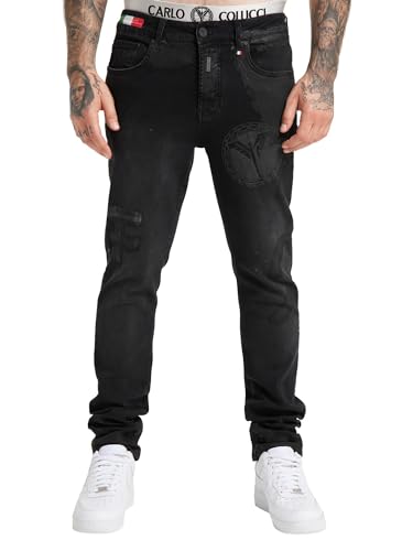 Carlo Colucci Destroyed Jeans im Used-Look mit Logopatch Schwarz 38W von Carlo Colucci