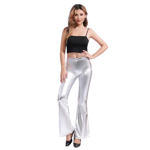 Damen-Leggings mit hoher Taille, glänzend, metallisch, 80er-Jahre, lange Leggins für Tanz, Tanz, Sport und Karneval, silber, L von Carnavalife