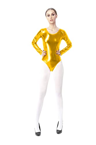 Trikot für Damen, glänzend, für Rhythmus, für Damen, Ballett, Tanz, langärmlig, Body-Shirt für Damen, gold, 38 von Carnavalife