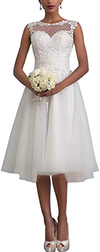 Carnivalprom Damen Sheer Spitze Hochzeitskleid Brautkleid Elegant Abendkleider Kurz Ballkleid(Weiß,40) von Carnivalprom