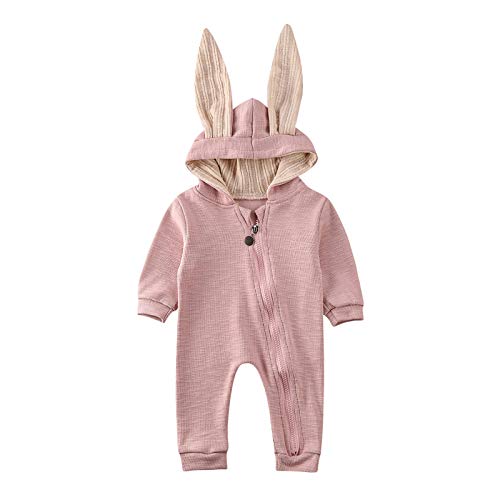 Carolilly Schlafanzug Baby Mädchen Pyjama Jungen Strampler Ostern Hasen Ohren Hoodie Herbst Winter (Rosa 1, 18-24 Monate, 90) von Carolilly