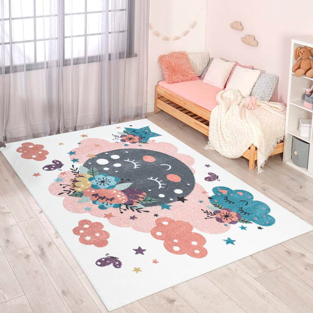Carpet City Kinderteppich "ANIME917", rechteckig, Kinderzimmer Teppich Modern mit Mond, Blumen, Wolken, Creme, Multi von Carpet City
