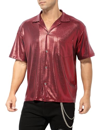 Casey Kevin Herren Glitzer Hemd Metallic Glänzend Nachtklub Party Pailletten Kleid Shirts Nachtclub-Stil Top Freizeithemd 70s Disco Party Kostüm von Casey Kevin