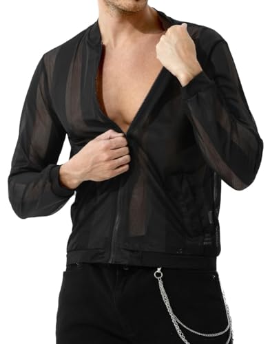 Casey Kevin Herren Netz Hemden Muskel Transparent Jacke Männer Mesh Langarm Top Schwarz Weiß Dünn Casual Unterhemd von Casey Kevin