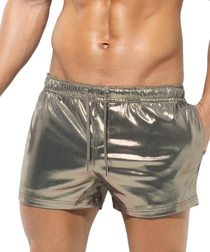 Casey Kevin Metall Shorts Herren Glänzende Kurze Hose Party Gold Silber einseitige See-Through-Effekt Shorts Bar Metallic-Shorts Pailletten Boxershorts von Casey Kevin