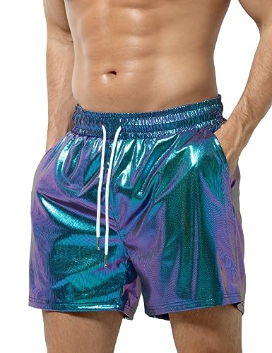 Casey Kevin Metallic Shorts Herren Glänzende Party Shorts Bar Metallic-Shorts Festliche Shorts, Blau von Casey Kevin