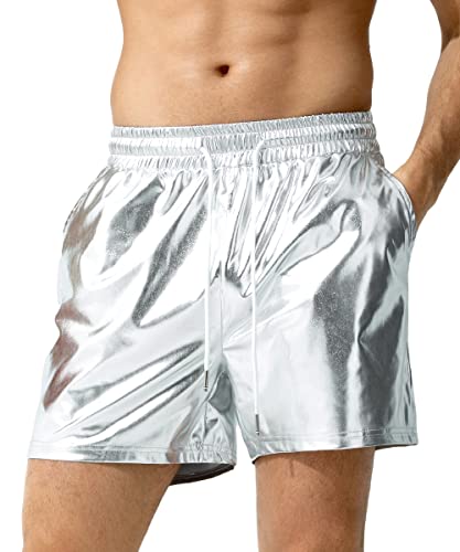 Casey Kevin Metallic Shorts Herren Glänzende Party Shorts Bar Metallic-Shorts Festliche Shorts,Silber von Casey Kevin