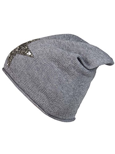 Cashmere Dreams Slouch-Beanie-Mütze mit Kaschmir - Hochwertige Strickmütze für Damen Mädchen - Hat - Pailletten Stern - One Size - Sommer Herbst und Winter Zwillingsherz (d.grau/silber) von Cashmere Dreams