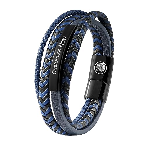 Casisto.J Lederarmband Herren Armband Herren Männer Leder Edelstahl Gravur Schwarz Braun Blau Geflochten mit Magnet Verschluss von Casisto.J