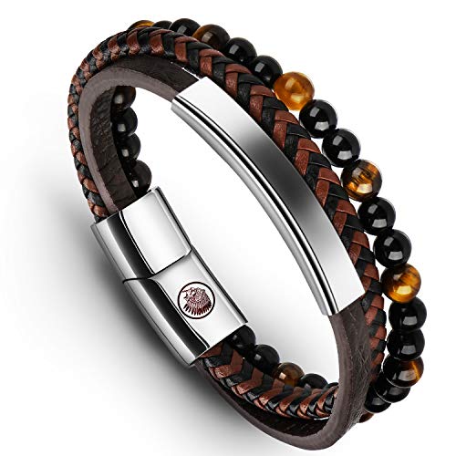 Casisto.J Lederarmband Herren Armband Herren Männer Leder Edelstahl Gravur Schwarz Braun Geflochten mit Magnet Verschluss von Casisto.J