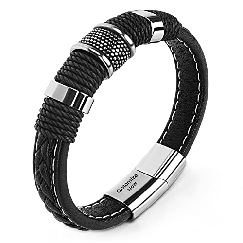 Casisto.J Lederarmband Herren Armband Herren Männer Leder Edelstahl Gravur Schwarz Braun Geflochten mit Magnet Verschluss von Casisto.J