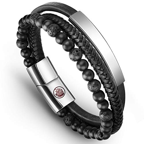 Casisto.J Lederarmband Herren Armband Herren Männer Leder Edelstahl Gravur Schwarz Braun Geflochten mit Magnet Verschluss von Casisto.J