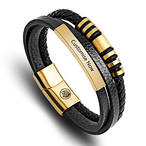 Casisto.J Lederarmband Herren Armband Herren Männer Leder Edelstahl Gravur Schwarz Braun Geflochten mit Magnet Verschluss (Customized-Gold, 18.5) von Casisto.J