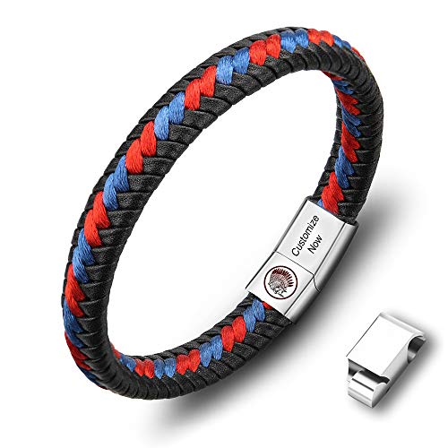 Casisto.J Lederarmband Herren Armband Herren Männer Leder Edelstahl Gravur Schwarz Braun Geflochten mit Magnet Verschluss (Customized-Rot, 21) von Casisto.J