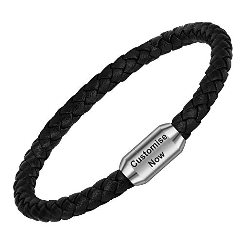 Casisto.J Lederarmband Herren Armband Herren Männer Leder Edelstahl Gravur Schwarz Braun Geflochten mit Magnet Verschluss (Customized-Schwarz, 19) von Casisto.J