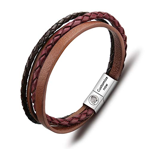 Casisto.J Lederarmband Herren Armband Herren Männer Leder Edelstahl Gravur Schwarz Braun Geflochten mit Magnet Verschluss (Customized-rot, 22) von Casisto.J