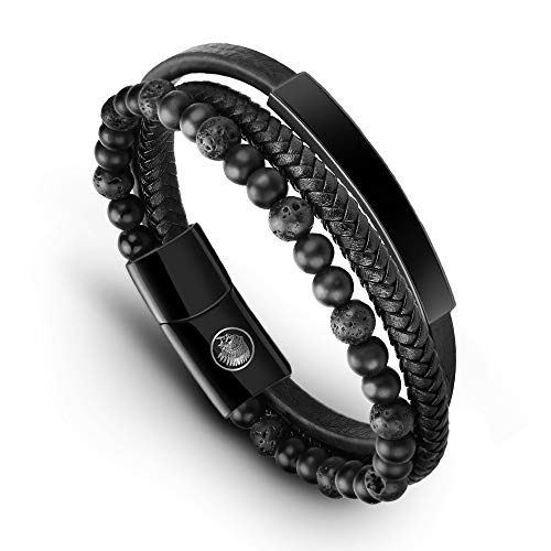 Casisto.J Lederarmband Herren Armband Herren Männer Leder Edelstahl Gravur Schwarz Braun Geflochten mit Magnet Verschluss von Casisto.J