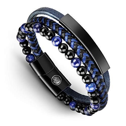 Casisto.J Lederarmband Herren Armband Herren Männer Leder Edelstahl Gravur Schwarz Braun Geflochten mit Magnet Verschluss von Casisto.J