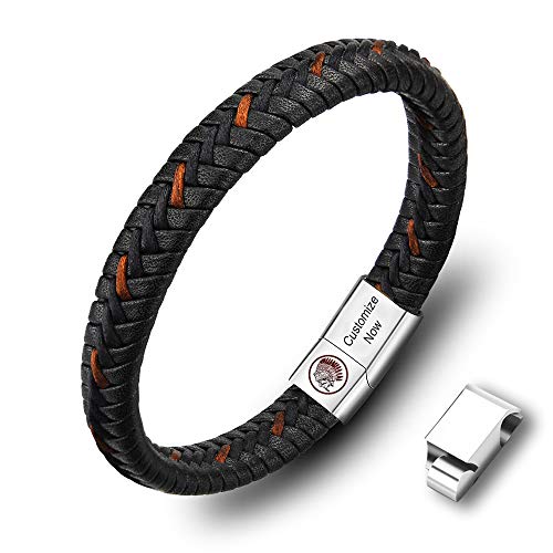 Casisto.J Lederarmband Herren Armband Herren Männer Leder Edelstahl Gravur Schwarz Braun Geflochten mit Magnet Verschluss (Customized-Schwarz, 19) von Casisto.J