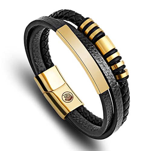 Casisto.J Lederarmband Herren Armband Herren Männer Leder Edelstahl Gravur Schwarz Braun Geflochten mit Magnet Verschluss von Casisto.J