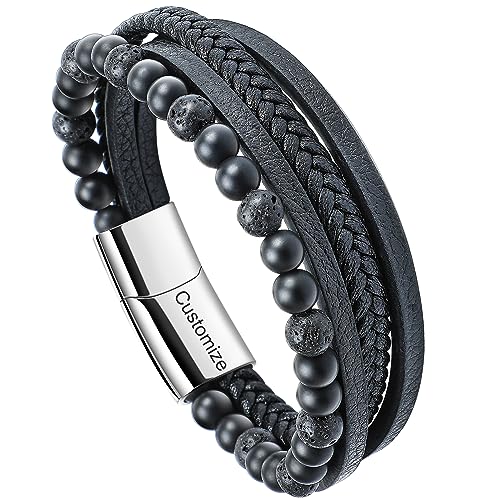 Casisto.J Lederarmband Herren Armband Herren Männer Leder Geflochten Perlen Edelstahl Schwarz Braun Blau mit Magnet Verschluss Einfache Verpackung von Casisto.J