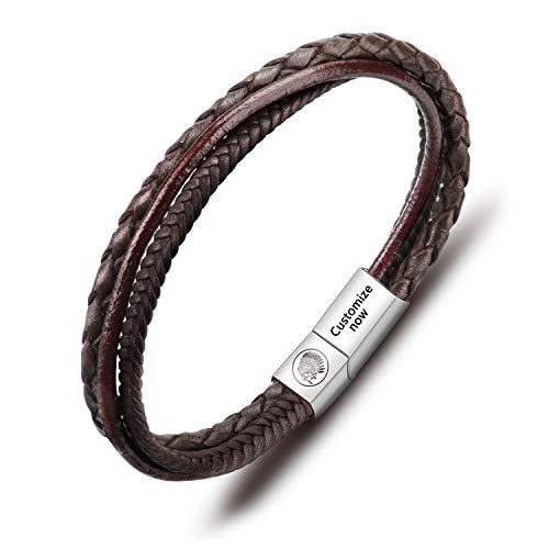 Casisto.J Lederarmband Herren Armband Herren Männer Leder Edelstahl Gravur Schwarz Braun Geflochten mit Magnet Verschluss von Casisto.J