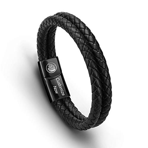 Casisto.J Lederarmband Herren Armband Herren Männer Leder Edelstahl Gravur Schwarz Braun Geflochten mit Magnet Verschluss von Casisto.J