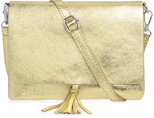 Caspar Elegante Leder Clutch Abendtasche Damen Umhängetasche mit verstellbarem Schultergurt & Quaste - CLASSIC LINE - Modell No.830 - Made in Italy, Farbe:gold metallic Caspar Elegante Leder Clutch Abendtasche Damen Umhängetasche mit verstellbarem Schultergurt & Quaste - CLASSIC LINE - Modell No.830 - Made in Italy, Farbe:gold metallic von Caspar