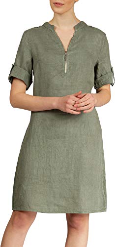 Caspar SKL037 stylisches knielanges Damen Sommer Leinenkleid mit Reißverschluss Ausschnitt, Farbe:Oliv grün, Größe:36 von Caspar