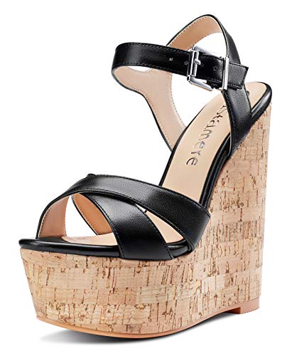 Castamere Damen High Heels Plattform Wedge Keilsandale Mode Peep-Toes Ankle Strap Keilabsatz Shoes Schwarz Pu Schuhe EU 38 von Castamere