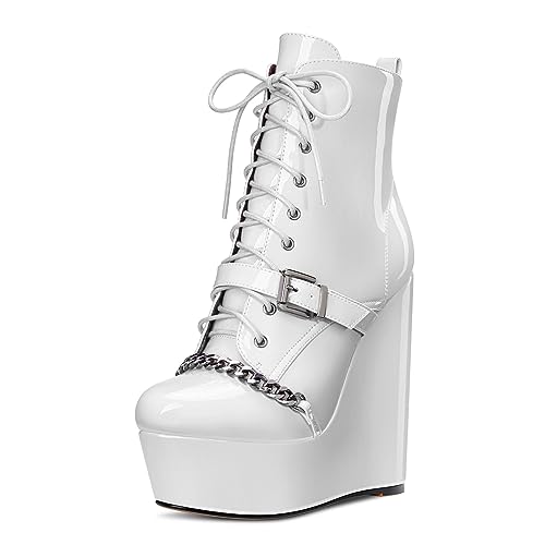 Castamere Damen Hoher High Plateau Plattform Absatz Heel Reißverschluss Schnüren Schnürung Stiefeletten Runde Zehenkappe Metall Kette 15 CM Stiefel Weiß 45 EU Castamere Damen Hoher High Plateau Plattform Absatz Heel Reißverschluss Schnüren Schnürung Stiefeletten Runde Zehenkappe Metall Kette 15 CM Stiefel Weiß 45 EU von Castamere