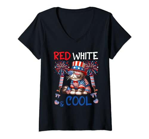 Damen Red White And Cool Costume Exotic Shorthair Sunglasses T-Shirt mit V-Ausschnitt von Cat 4th Of July Costume