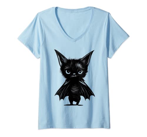 Damen Halloween: Grumpy Black Kitten In Bat Kostüm T-Shirt mit V-Ausschnitt von Cats & Pumpkins Apparel