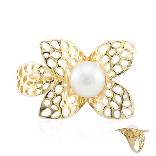 Cavill Süßwasserzuchtperlen Ring 925er vergoldetes Silber mit großer weißer runder 9 mm Perle, eleganter Blüten-Design Silberring, stilvoll und feminin Cavill Süßwasserzuchtperlen Ring 925er vergoldetes Silber mit großer weißer runder 9 mm Perle, eleganter Blüten-Design Silberring, stilvoll und feminin von Cavill