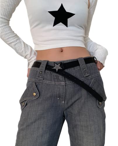 Caviotess Kawaii Star Strass Gürtel für Frauen Jeans Schnalle Gürtel Bling Mode Y2k PU Leder Bund, Schwarz, Einheitsgröße von Caviotess