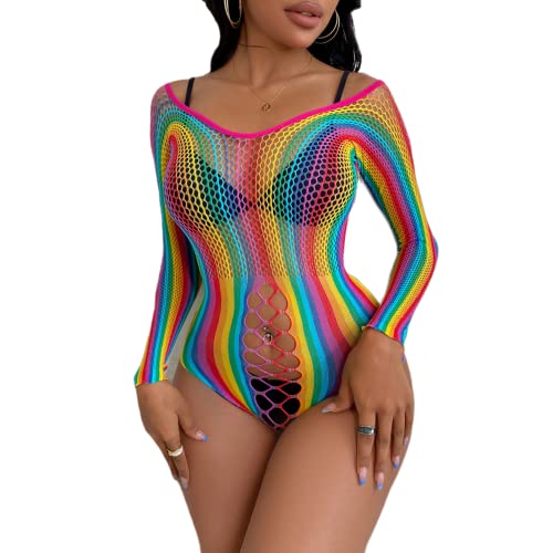 Damen Rave Regenbogen Mesh durchsichtig Bikini Cover Ups sexy ärmellos ausgehöhltes figurbetontes Midikleid Festival Outfit, Regenbogen Langarm Body, Einheitsgröße von Caviotess