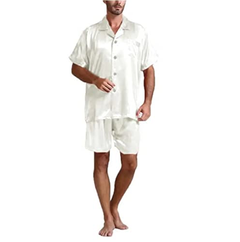 Caxndycing Herren Kurz Satin Schlafanzug Kurzarm Pyjama Set mit Shorts Pyjama kurz V-Ausschnitt Schlafanzug Zweiteiliger Sommer Loungewear Seide Schlafanzug Pyjama von Caxndycing