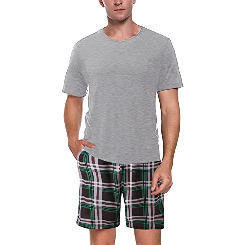 Caxndycing Schlafanzug Herren Kurz Baumwolle Pyjama Sommer Kurzarm Set Nachtwäsche Oberteil Kurze Shorty Sleepwear Hausanzug Shorty Pyjama mit Karierten Herren Pyjamahose und Shirt für Sommer von Caxndycing