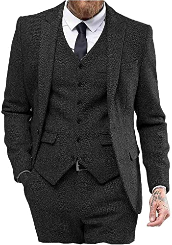 Herren Tweed Fischgräten-Anzug, Hochzeitsanzug, Abschlussball, Smoking, 3-teiliges Spitzenkleid, schwarz, 46 Herren Tweed Fischgräten-Anzug, Hochzeitsanzug, Abschlussball, Smoking, 3-teiliges Spitzenkleid, schwarz, 46 von Ceehuteey