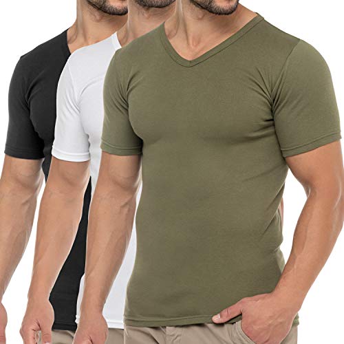 Celodoro Herren Business T-Shirt V-Neck (3er Pack) - Olive Weiß Schwarz L von Celodoro