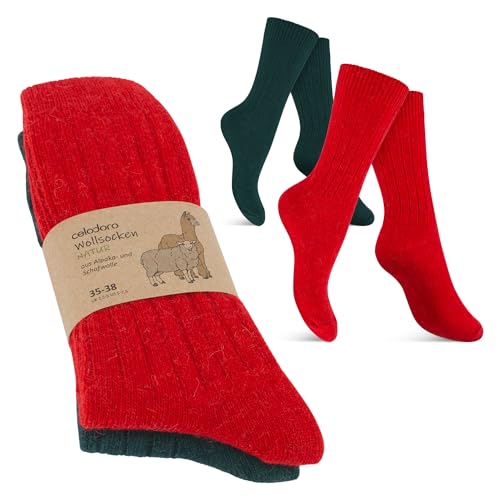 Celodoro Damen Herren Wollsocken mit Alpakawolle - 2 Paar Rot Grün 39-42 von Celodoro