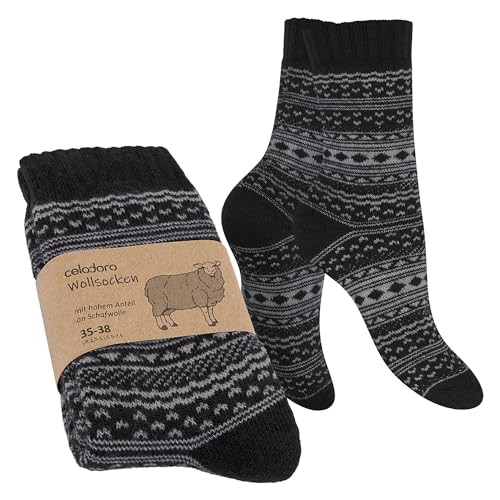 Celodoro Damen & Herren Frottee-Wollsocken mit Muster (1 Paar) - Schwarz mit Grau 35-38 von Celodoro