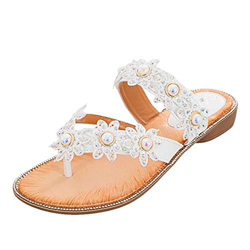 Celucke Sandalen Damen Bohemian Damensandalen Flache Schuhe Diamantblumen Mode Strand Sandalen Sandaletten Leichte Strandschuhe Damenschuhe von Celucke Sandalette